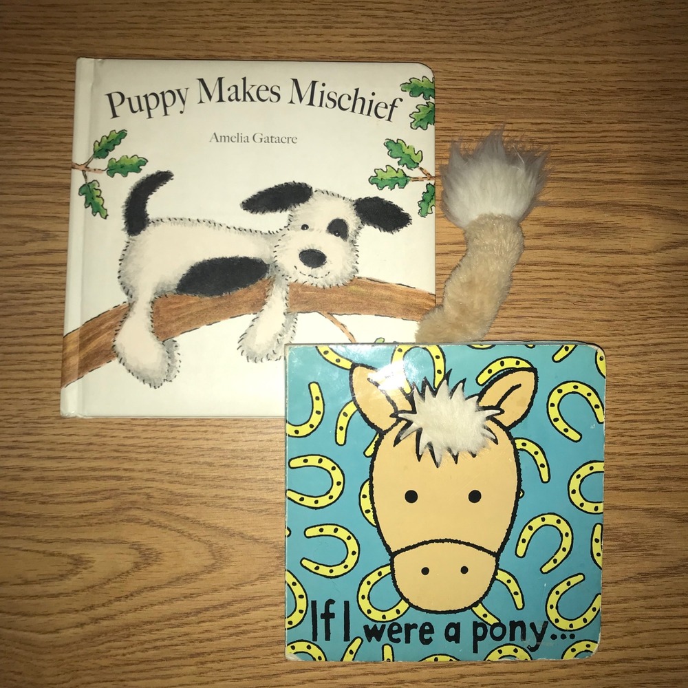 Jellycat Board Book Set Puppy Makes Mischief & Rare Blue If I Were a Pony